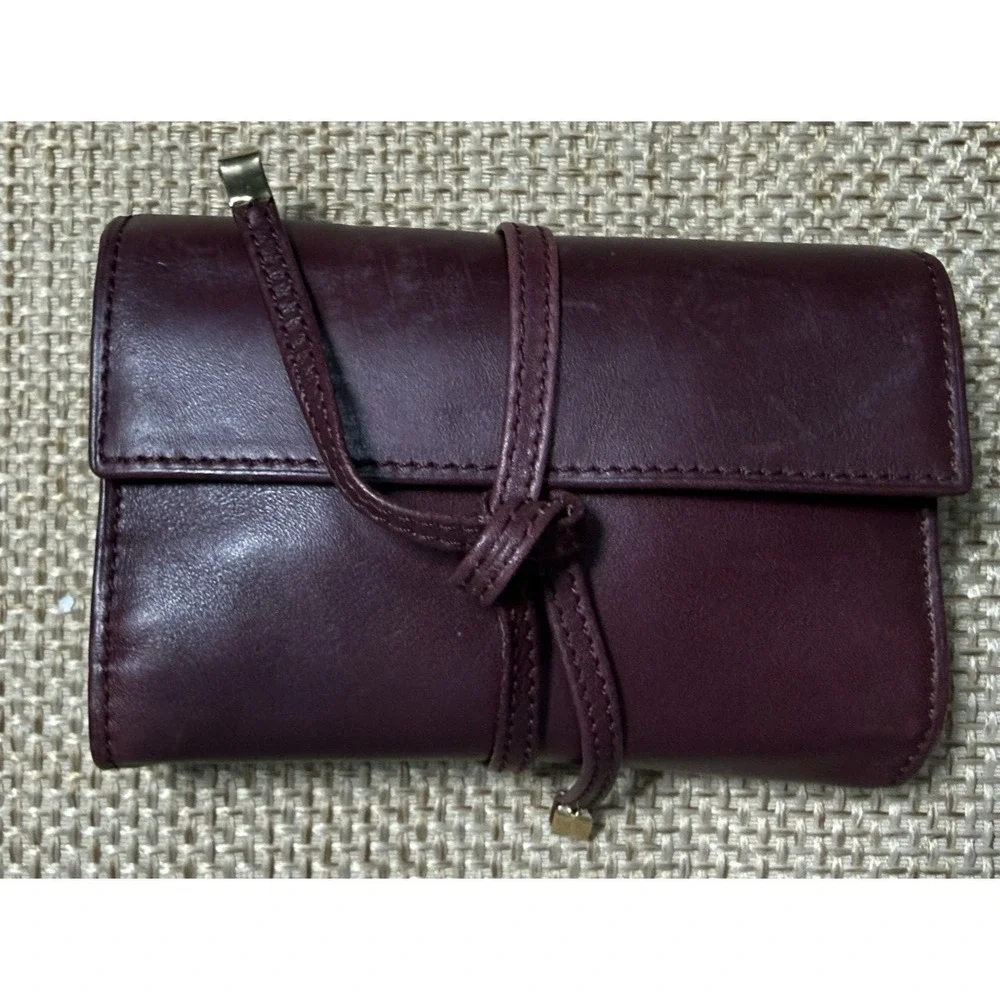 Mark Cross Leather Tri Fold Travel Pouch Burgundy Tie Lux Jewelry Roll Organizer